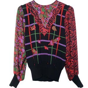Vintage 80s Diane Fres Patterned Blouse Wool Blend Zebra Print Plaid Womens M